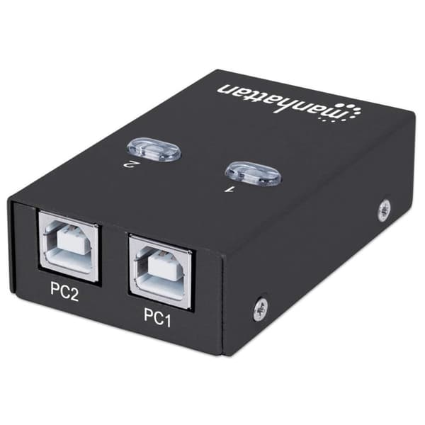 Manhattan USB-A automatisk delningsswitch, 2x USB-B-portar, 480 Mbps (USB 2.0), dubbel kontroll (automatisk avkänning eller manuell), bussdriven, högh