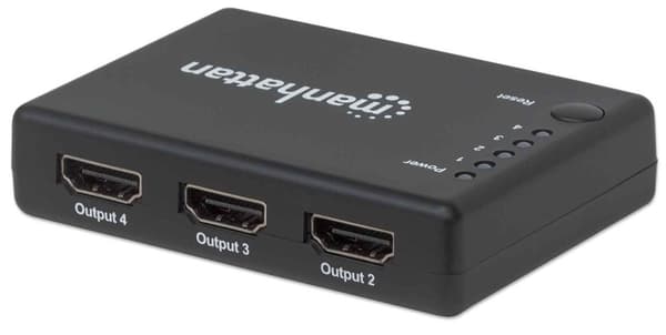 Manhattan HDMI-jakaja 4-porttinen (kompakti), 4K@30Hz, näyttölähtö yhdestä HDMI-lähteestä neljään HD-näyttöön (sama lähtö neljälle näytölle), verkkovi