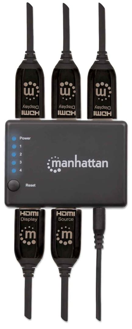 Manhattan HDMI-jakaja 4-porttinen (kompakti), 4K@30Hz, näyttölähtö yhdestä HDMI-lähteestä neljään HD-näyttöön (sama lähtö neljälle näytölle), verkkovi