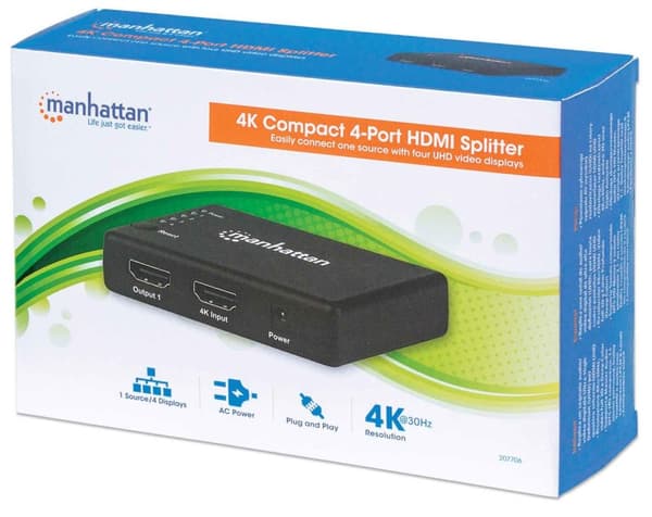 Manhattan HDMI-jakaja 4-porttinen (kompakti), 4K@30Hz, näyttölähtö yhdestä HDMI-lähteestä neljään HD-näyttöön (sama lähtö neljälle näytölle), verkkovi