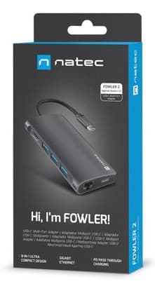 MULTIPORTADAPTER NATEC FOWLER 2 V2 USB-C 8-IN-1 HUB ->USB 3.0 3X, HDMI 4K, USB-C, RJ45, SD, MICRO SD