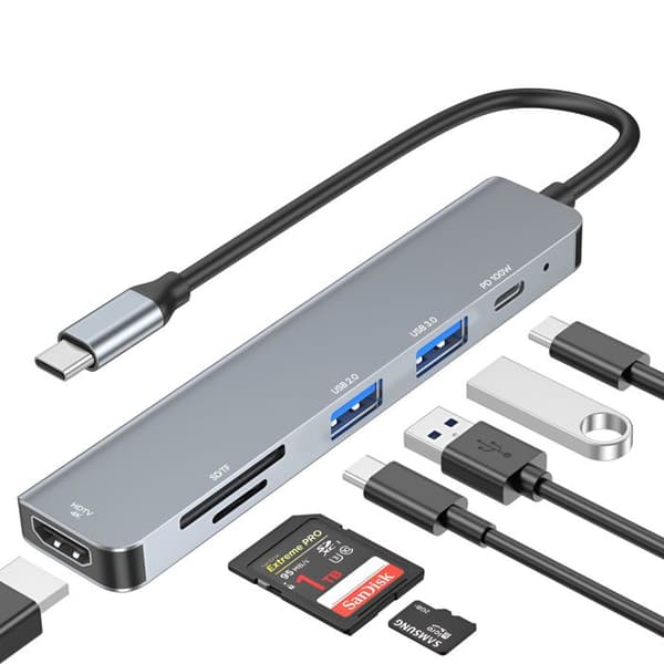 Hub USB-C till HDTV 4K, USB-C 100W, SD / Micro-SD kortläsare LinQ Grå