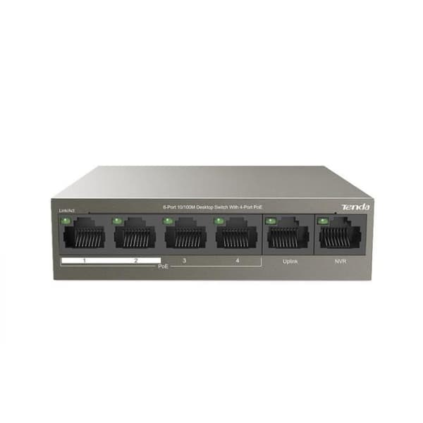 TENDA 6-portars 10/100M Desktop Switch, 4 PoE-portar, 2 Uplink-portar, 250m överföring, QoS Design, TEF1106P-4-63W