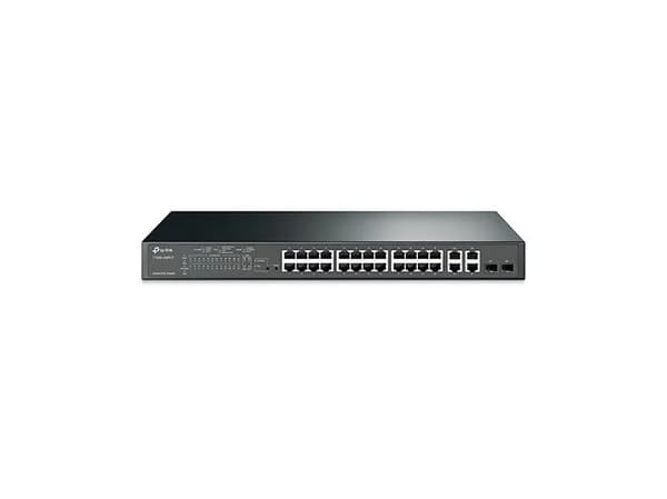 TP-Link Smart PoE Switch T1500-28PCT - Switch - 24 x 10/100 (PoE) + 2 x SFP + 4 x 10/100/1000 - rackmonterbar - PoE Svart