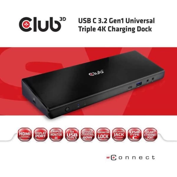 Dockningsstation - CLUB 3D - CSV-1562 svart - Trippel 4K - USB typ C® 3.2 Gen1 - Mångsidig anslutning