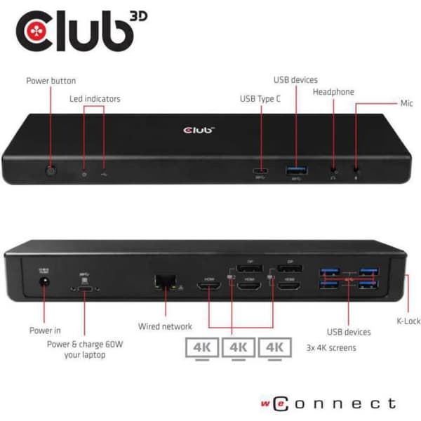 Dockningsstation - CLUB 3D - CSV-1562 svart - Trippel 4K - USB typ C® 3.2 Gen1 - Mångsidig anslutning