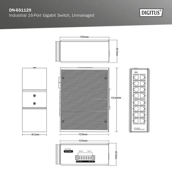 Digitus DN-651129 16-portar 10/100/1000 Mbit/s industriell Ethernet-switch