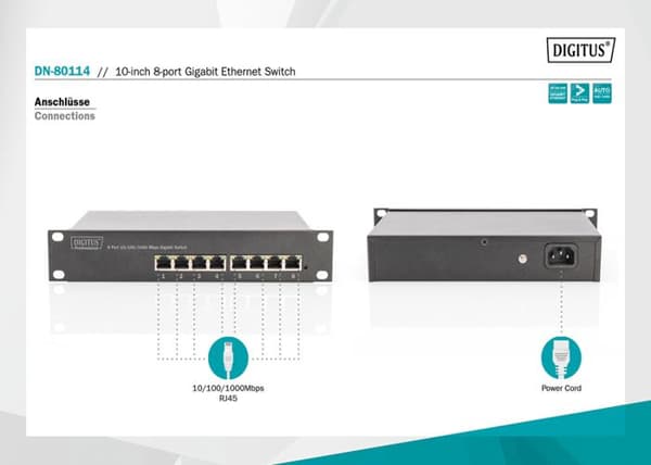 Switch - DIGITUS Professional - DN-80114 - Unmanaged - 8 portar - Väggmontering