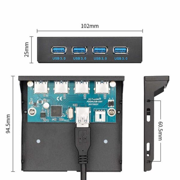 Jser Hub - U3-109 - CY USB 3.0 4 portar 3.5 tums USB-hubb i metall med 15-stifts SATA-frontpanel