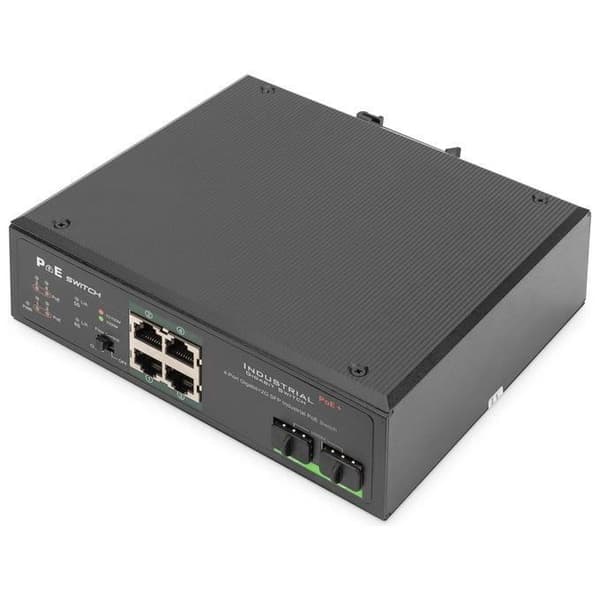 DIGITUS Industri 4-portars Gigabit PoE+ Switch W.2X SFP Uplink IEEE802.3af-at, Dinrail, utökat temperaturområde