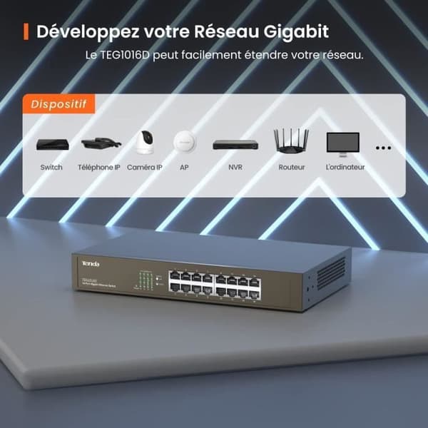 TENDA 16-portars Gigabit Ethernet-switch 10/100/1000 Mbps, Auto MDI/MDIX, Plug & Play, Metal TEG1016D