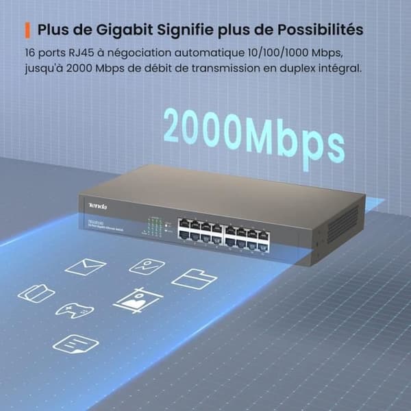 TENDA 16-portars Gigabit Ethernet-switch 10/100/1000 Mbps, Auto MDI/MDIX, Plug & Play, Metal TEG1016D