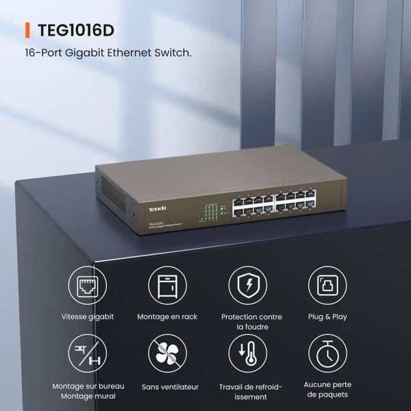 TENDA 16-portars Gigabit Ethernet-switch 10/100/1000 Mbps, Auto MDI/MDIX, Plug & Play, Metal TEG1016D