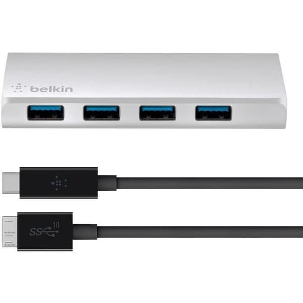 USB 3.0-hubb - BELKIN - 4 portar - Brossad aluminium - USB-C-kabel - Kontor