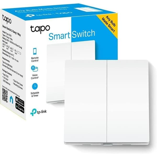 2-Gang 1-vägs trådlös ansluten switch - Tapo S220 - Alexa och Google Home - INGEN neutral kabel behövs - Tapo Hub krävs