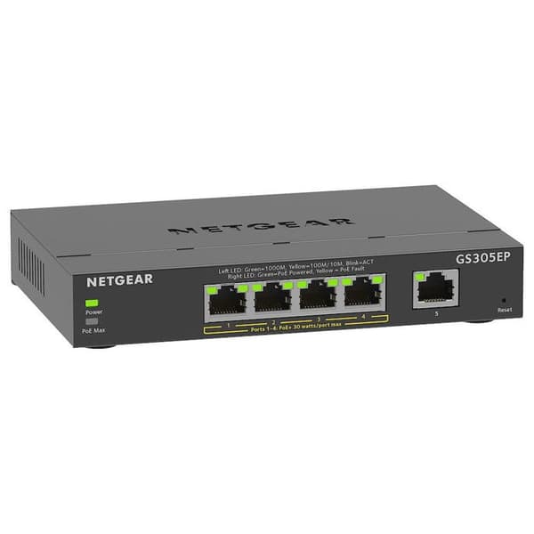Switch Ethernet PoE 5 portar - NETGEAR - GS305EP - Smart Manageable - Tyst - 4 portar PoE+