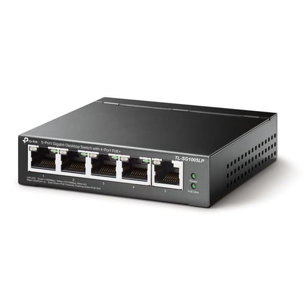 TPLINK TL-SG1005LP 5P Gb Switch 4P PoE+ TL-SG1005LP 5-Port Gigabit Desktop Steel Case Switch med 4-Port PoE+ 40W PoE-budget