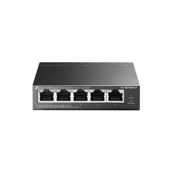 TPLINK TL-SG1005LP 5P Gb Switch 4P PoE+ TL-SG1005LP 5-Port Gigabit Desktop Steel Case Switch med 4-Port PoE+ 40W PoE-budget Svart