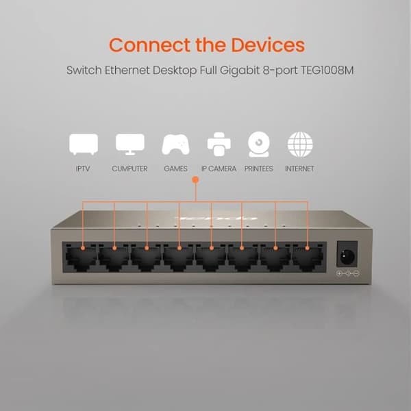 TENDA 8-portars Gigabit 10/100/1000M RJ45 Desktop Switch, Passiv Kyla, 9-12V, Plug&Play, Metal Case, TEG1008M