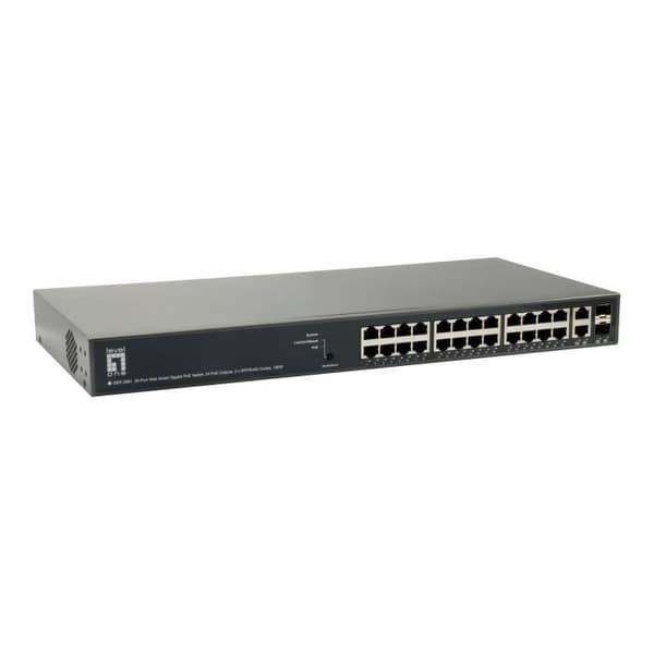 LevelOne GEP-2651 Smart Switch 24 x 10-100-1000 (PoE+) + 2 x Combo Gigabit SFP-rackmonterbar PoE+ (185W) Svart
