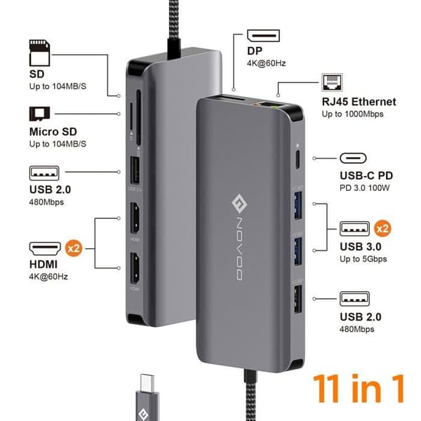 Novoo Hub - DP-NOVOOHUB11V1DNS-VC - USB C Hub 4K60Hz USB C Dubbel HDMI-adapter och DP-dockningsstation