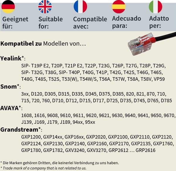 Gequdio - WA9402 - Enkel RJ-kabel - Kompatibel med Yealink, Snom, Avaya, Telefon Grandstream