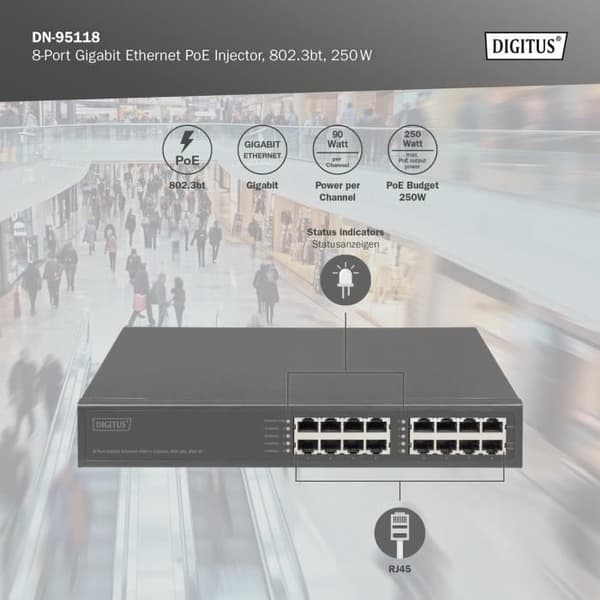 Injecteur PoE+ - DIGITUS - DN-95118 - 8 portar RJ45 - Gigabit - 250W Budget PoE
