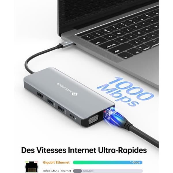 USB C-dock - NOVOO - USB C-hubb 11 i 1 - Dubbel HDMI 4K - Snabbladdning 100W - Gigabit Ethernet