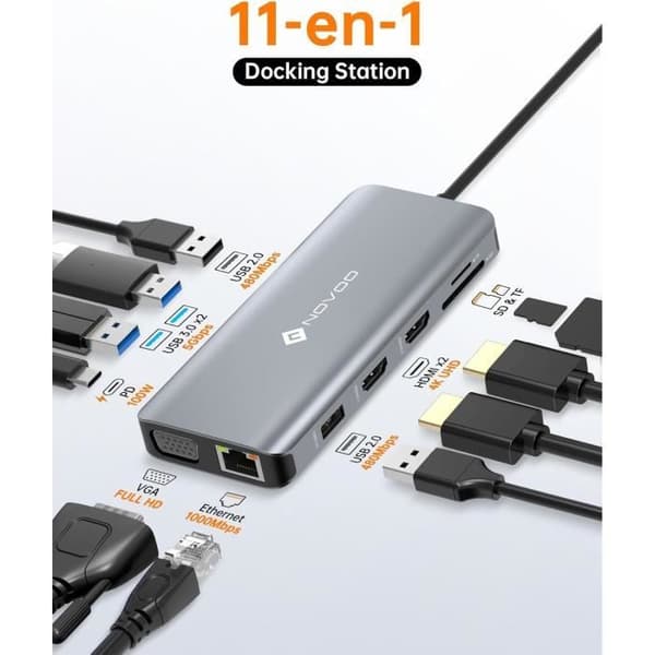USB C-dock - NOVOO - USB C-hubb 11 i 1 - Dubbel HDMI 4K - Snabbladdning 100W - Gigabit Ethernet