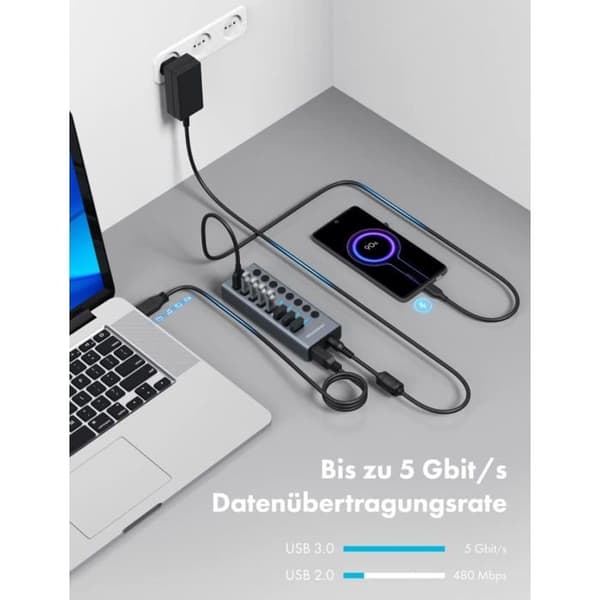 HUB USB - GRAUGEAR - G-HUB71-A - 7 portar - Snabbladdning - Aluminium