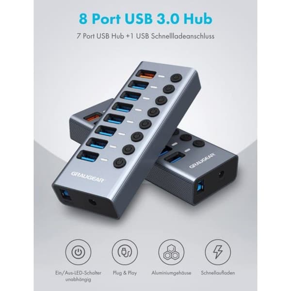 HUB USB - GRAUGEAR - G-HUB71-A - 7 portar - Snabbladdning - Aluminium