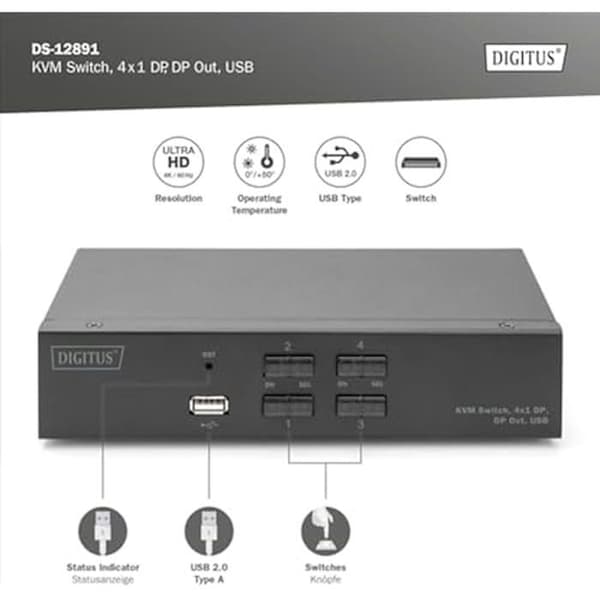 KVM-switch - DIGITUS - 4-portars enkel skärm - 4K UHD - ljud & USB - Kompatibel med alla system