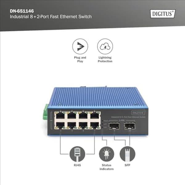 DIGITUS Industriell nätverksswitch - 10 Fast Ethernet-portar - 8x RJ45 + 2x Gigabit SFP upplänk - IP40