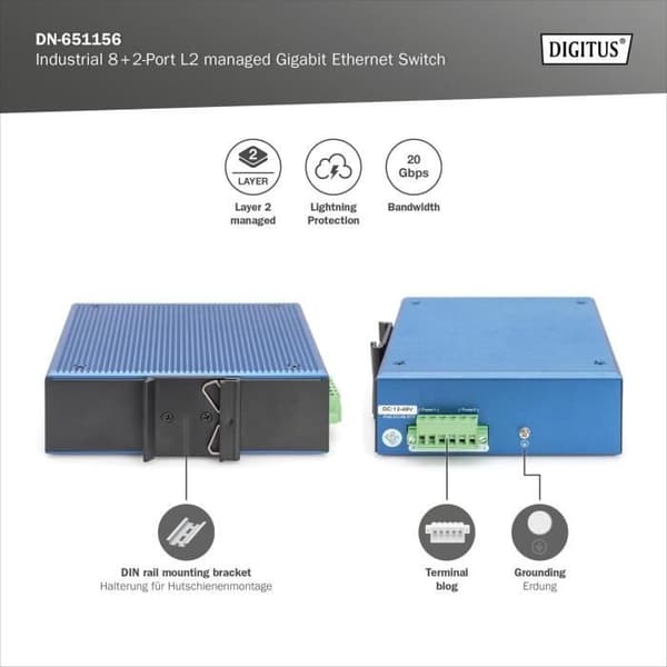 Nätverksswitch - DIGITUS - DN-651156 - 10 Gigabit-portar - 8x RJ45 + 2x SFP - IP40