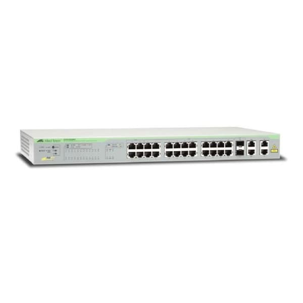 Allied Telesis 24 Port Fast Ethernet PoE WebSmart Switch med 4 upplänksportar (2 x 10-100-1000T och 2 x SFP-10-100-1000T Combo Grå