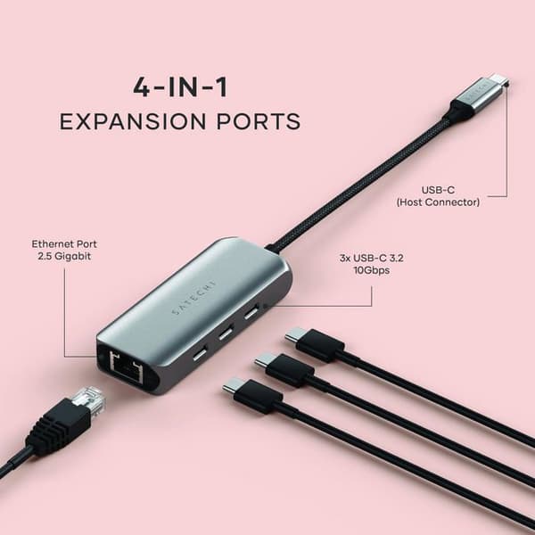USB-C hub 4-i-1 - Satechi - Aluminium - Ethernet 2.5 Gbps - Snabba överföringar - Flätad kabel