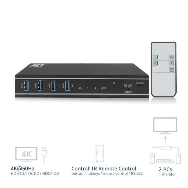 KVM-switch - ACT - AC7912 - 2 PC 1 Skärm - 4K 60Hz - HDMI - USB 3.0