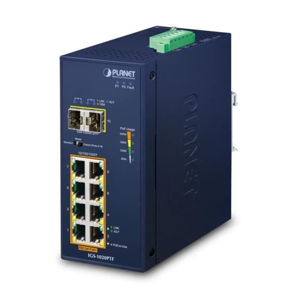 Planet IP30 Ind 8-P 10/100/1000T -40 - 75 °C -40 - 85 °C - 5 - 90% - 5 - 90% - 66 mm - 106 mm () - IGS-1020PTF Blå