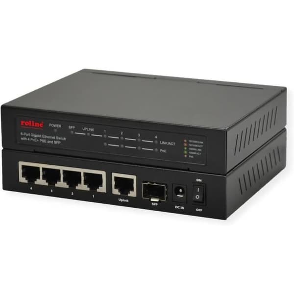 Switch Gigabit Ethernet - ROLINE - 6 portar - 5x 10/100/1000 - 1x SFP - 4x PoE+ Svart