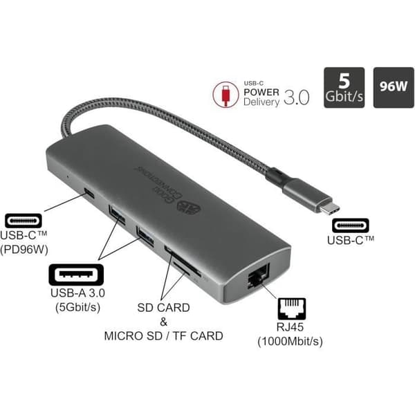 USB-C-hub - BRA ANSLUTNINGAR - 10 portar - Snabbladdning 96W - Överföring 5 Gbit/s - Stöd för 4K UHD