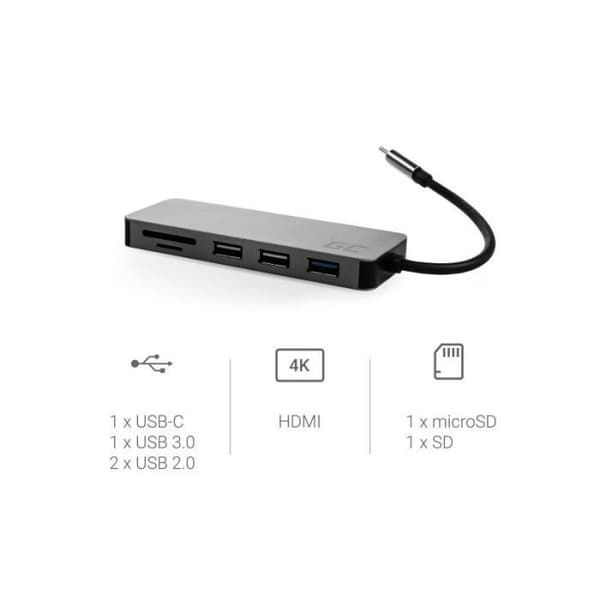 Green Cell USB-C 7 i 1 HUB Adapter Dockningsstation (USB-C, USB 3.0, 2xUSB 2.0, HDMI 4K 30Hz, microSD, SD) med PD och Samsung DeX