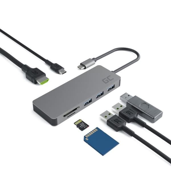 Green Cell USB-C 7 i 1 HUB Adapter Dockningsstation (USB-C, USB 3.0, 2xUSB 2.0, HDMI 4K 30Hz, microSD, SD) med PD och Samsung DeX
