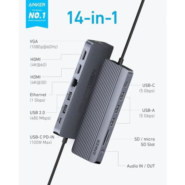 USB-C-hub - ANKER - 14-i-1 - Trippelvisning - HDMI 4K 60 Hz - 100 W max
