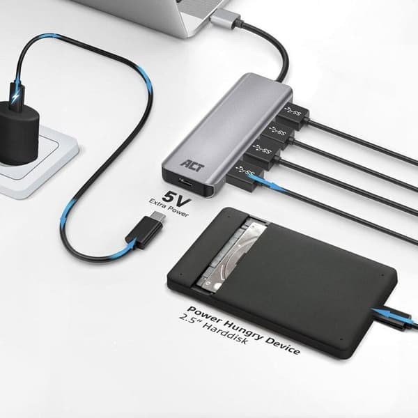 ACT USB-A Hub | 4x USB-A | 5 Gbps | USB-C strömport | aluminium | kabellängd 12 cm