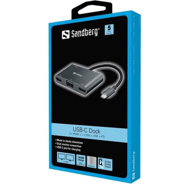 SANDBERG USB-C DOCK 2XHDMI+1XVGA+USB+PD (136-35)