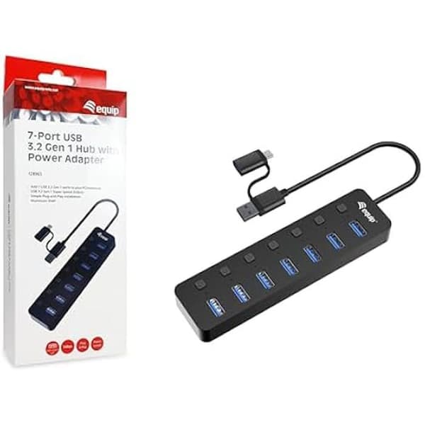 Utrusta 128965 7-portars USB 3.2 Gen 1 Hub med strömadapter