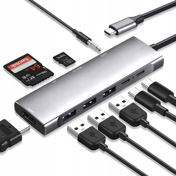HUB USB-C ADAPTER HDMI 4k UHD Micro SD 3x USB 3.0 Strømforsyning PD