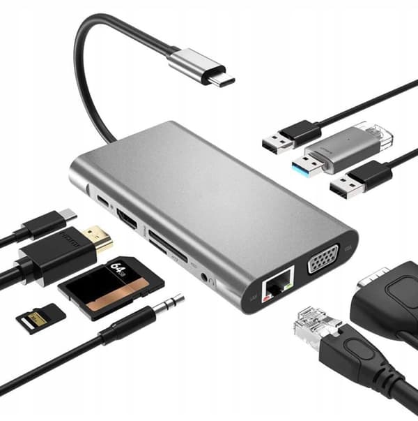 HUB USB-C ADAPTER LAN Gigabit RJ45 HDMI 4k Micro SD 3x USB 3.0 Strømforsyning PD
