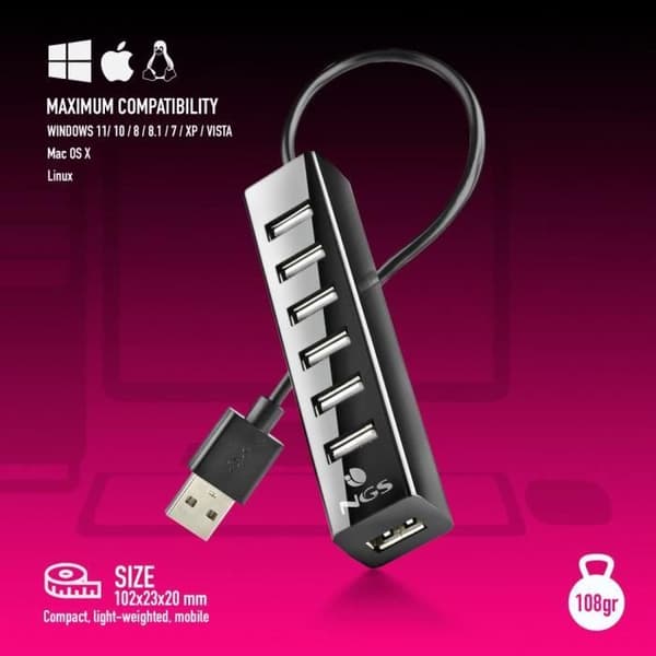 NGS IHUB7 TINY - 7-portars USB 2.0 Hub med 5V-1A strömadapter, universellt kompatibel, "Plug and Play"