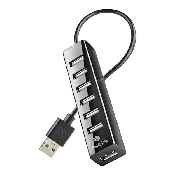 NGS IHUB7 TINY - 7-portars USB 2.0 Hub med 5V-1A strömadapter, universellt kompatibel, "Plug and Play"